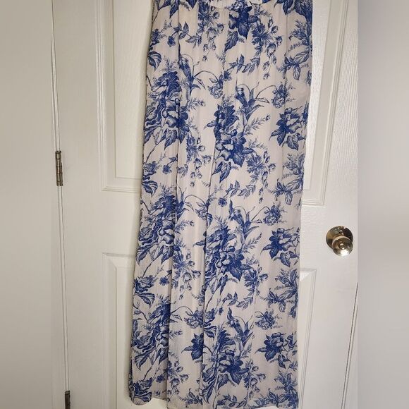 Express M Cream Blue Wide Legs Lined Full Length Floral PrintPockets Women Pants - Picture 1 of 9